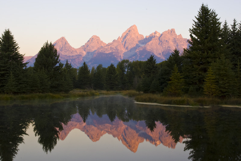 Teton Range Reflected In Beaver Pond At Sunrise